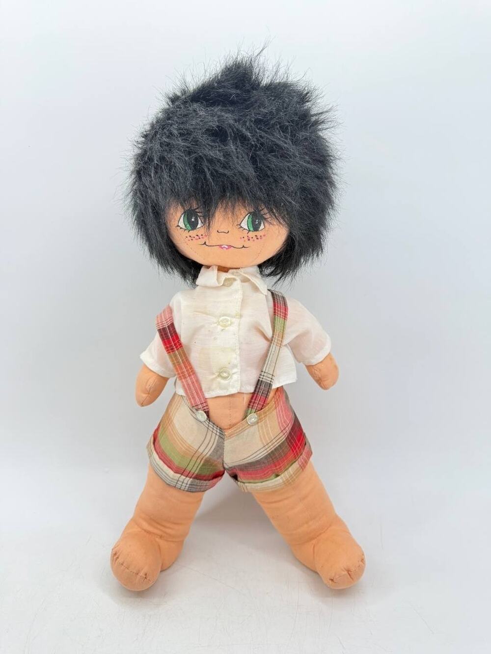 Boy Rag Doll Cloth Soft Body Black Shaggy Hair Plaid Suspender Shorts